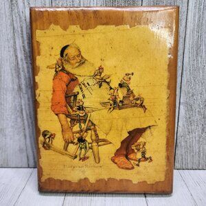Vintage Norman Rockwell Santa and His Helpers Wooden Plaque Hanging